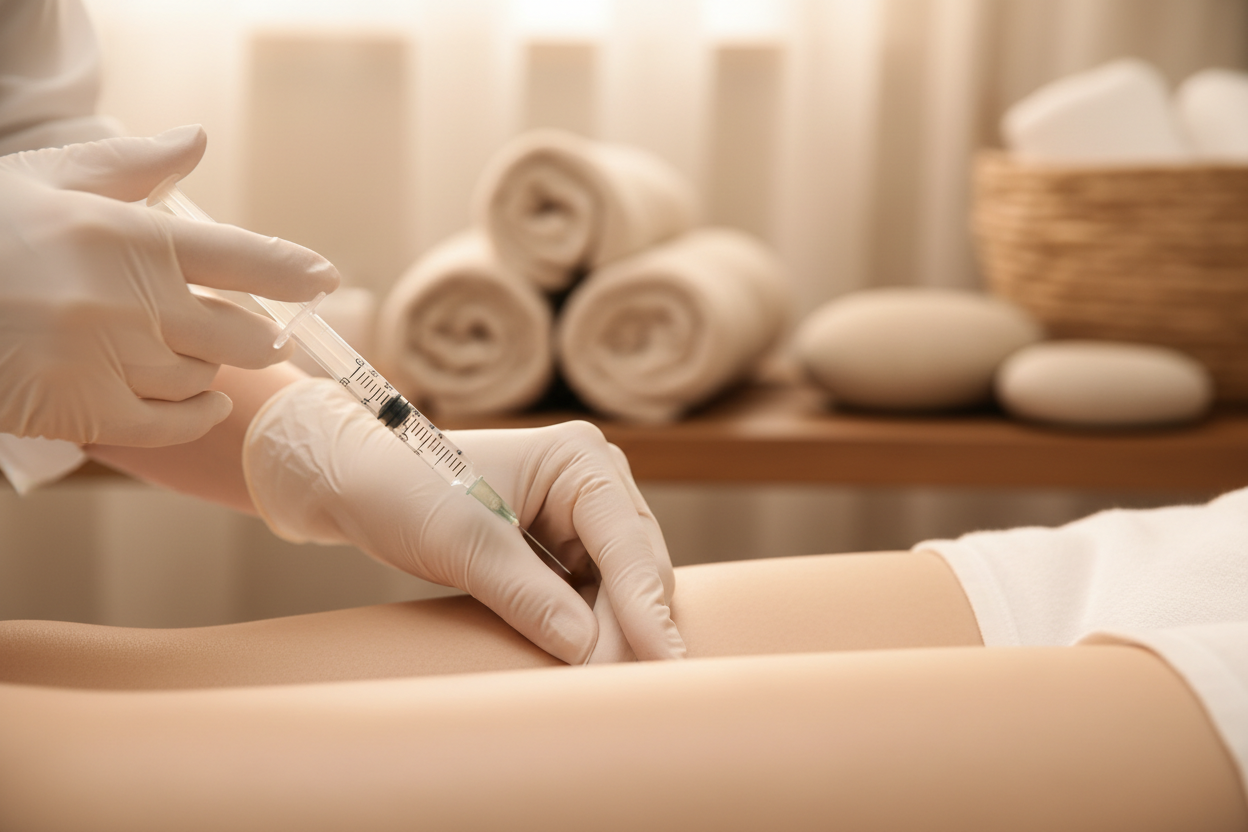 do a close up photo of cellulite injection with a neutral spa aesthetic