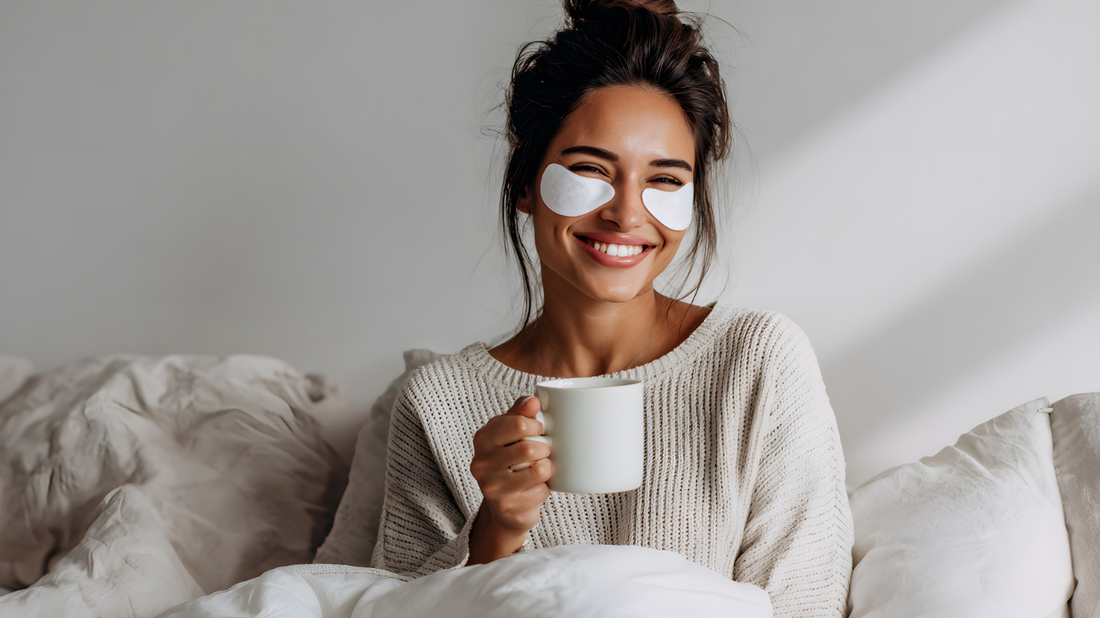 Smiling woman wearing under-eye patches sitting in bed and holding a mug.