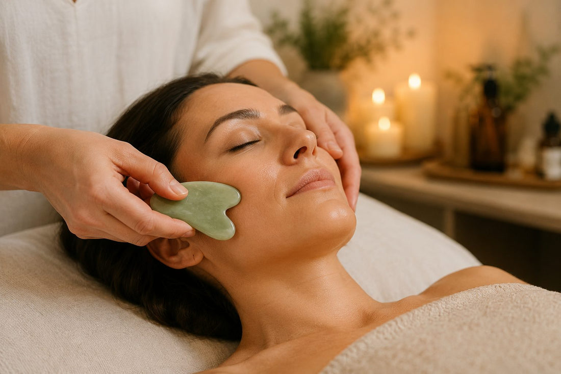 Professional facial gua sha therapy supporting lymphatic drainage, circulation, skin rejuvenation, tension relief, and holistic wellness. 