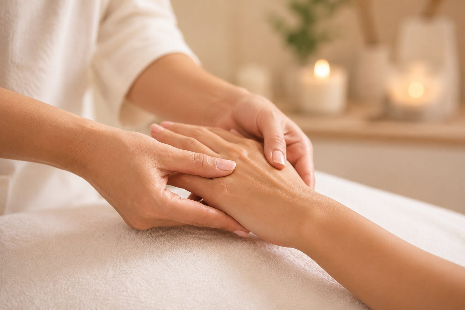 Relaxing hand massage treatment performed in a spa setting to enhance wellness, relaxation, and self-care.