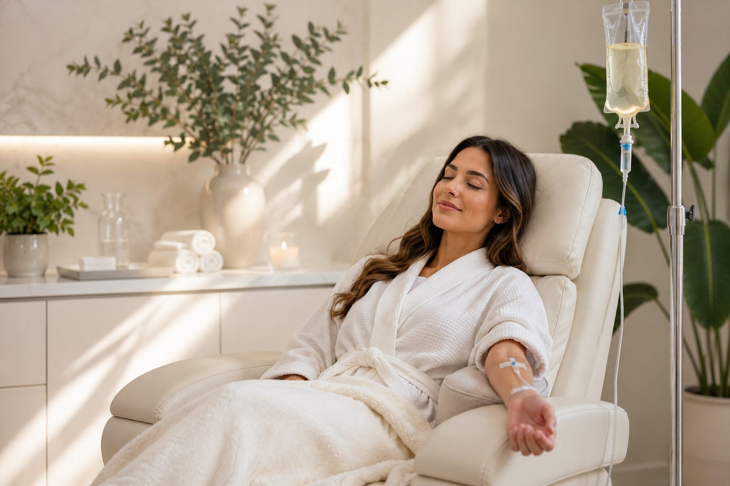 Woman relaxing in a spa treatment chair receiving IV therapy in a calm wellness clinic setting. 
