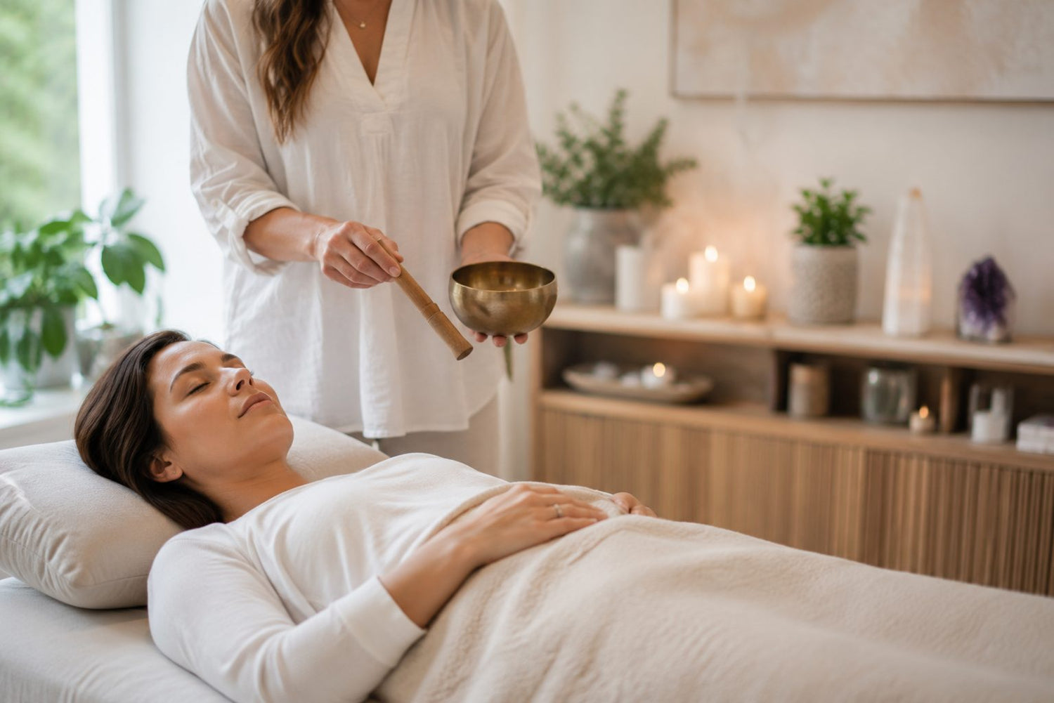 Woman receiving a relaxing sound healing therapy session with singing bowls in a peaceful wellness and holistic healing environment.