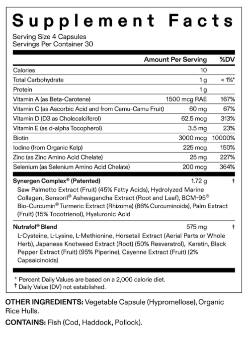 Nutrafol hair growth supplement facts label showing vitamins, minerals, and ingredient blend.