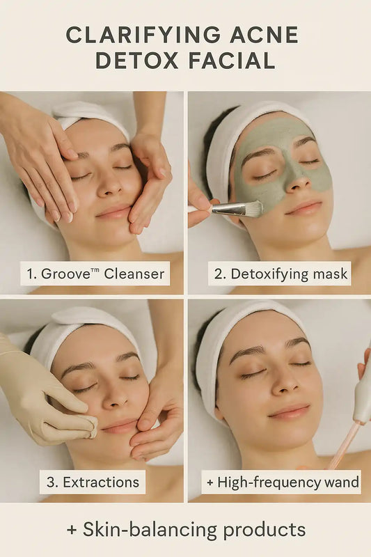 Four-step collage showing a clarifying acne detox facial: cleanser, detoxifying mask, extractions, and high-frequency wand