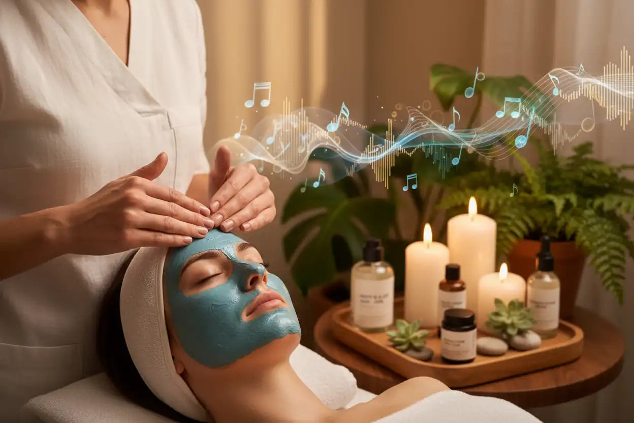 Client relaxing during a spa facial treatment with a blue clay mask, candles, plants, and soothing ambiance