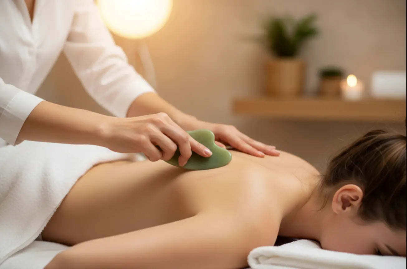Therapist performing Gua Sha body work treatment on a client’s back using a jade massage tool to support pain relief, circulation, lymphatic drainage, muscle recovery, and relaxation.