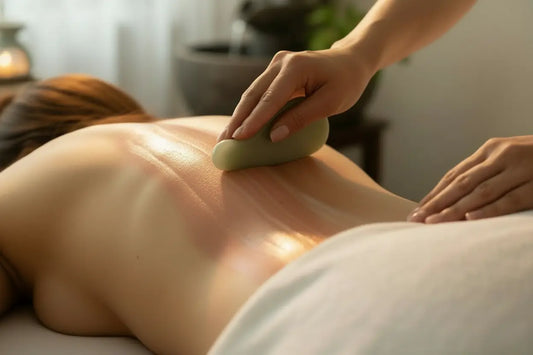 Therapist performing Gua Sha body work on a client’s back to support pain relief, improved circulation, lymphatic drainage, muscle recovery, mobility, and relaxation.