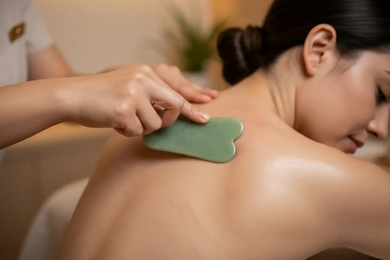 Close-up of Gua Sha therapy applied to the shoulder and upper back to support soft tissue mobility, circulation, inflammation reduction, and recovery from muscle tension. 