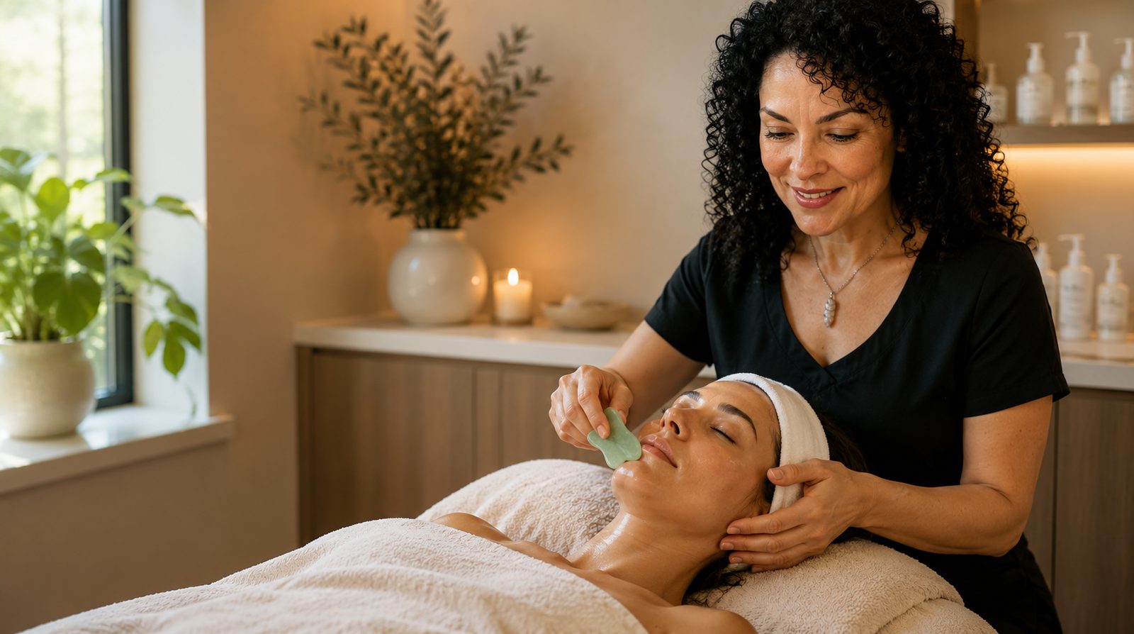 Professional gua sha facial treatment at a wellness and aesthetics studio supporting healthy aging, skin rejuvenation, stress relief, and overall well-being. 